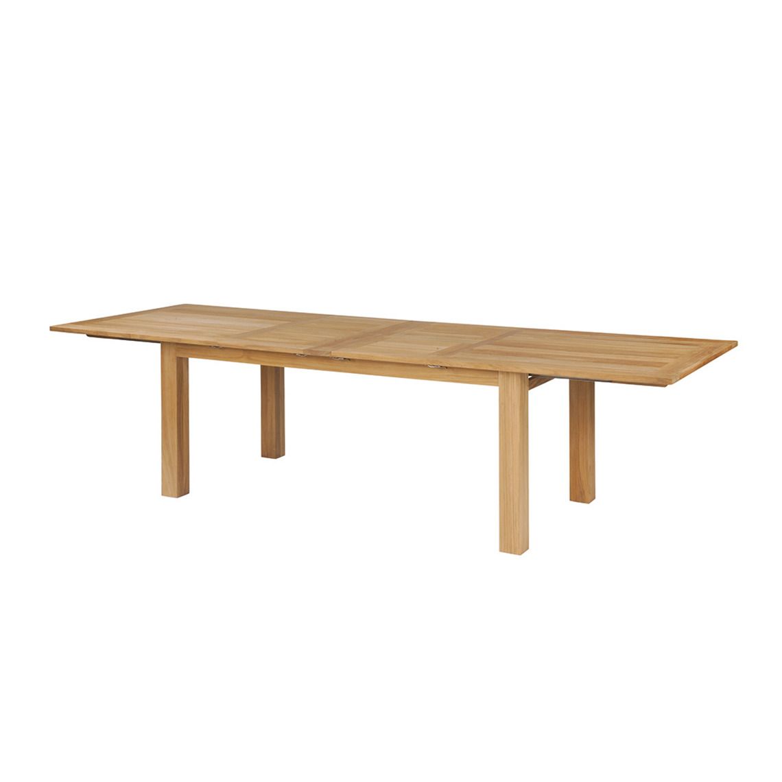 A substantial outdoor dining table crafted from Grade A teak that expands to accommodate 12 guests. The self-storing leaf system and weather-resistant construction make it ideal for year-round outdoor use in diverse climates.