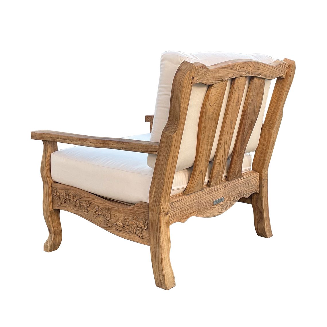The Normandy Lounge Chair showcases exceptional craftsmanship with hand-carved hummingbird and trumpet vine reliefs in distressed teak. Built for all-weather durability including salt-air exposure, this statement piece combines traditional artistry with outdoor resilience. - alternate view