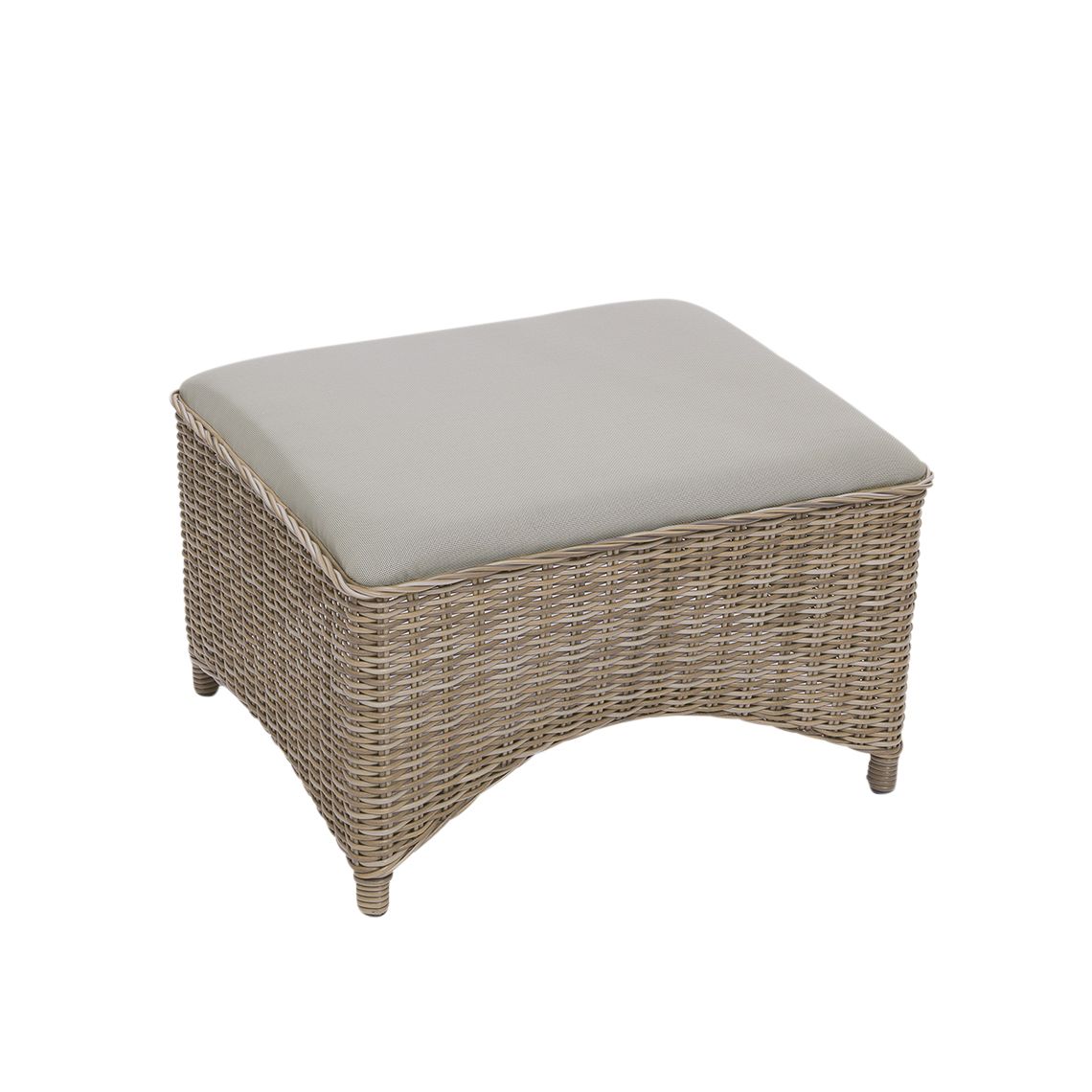 The Milano Club Ottoman combines hand-woven all-weather wicker with a contemporary upholstered sling seat. Its compact 25-inch width makes it ideal for smaller outdoor spaces while providing comfortable footrest or extra seating.