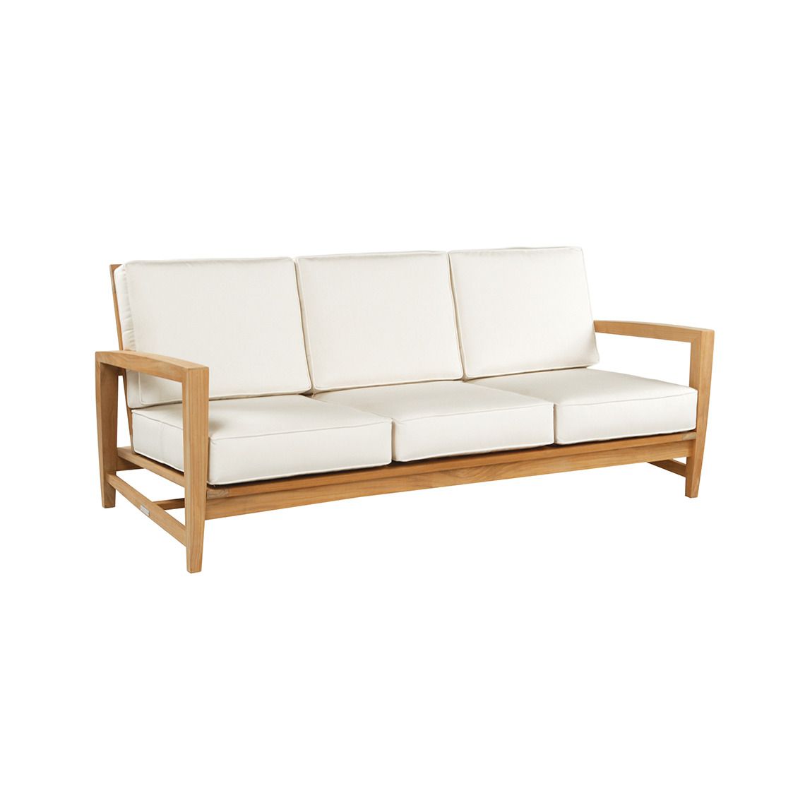 The Amalfi Sofa combines premium Grade A teak construction with contemporary angular design. Built to withstand diverse weather conditions including salt-air, rain, and snow, this substantial piece offers both durability and sophisticated style.
