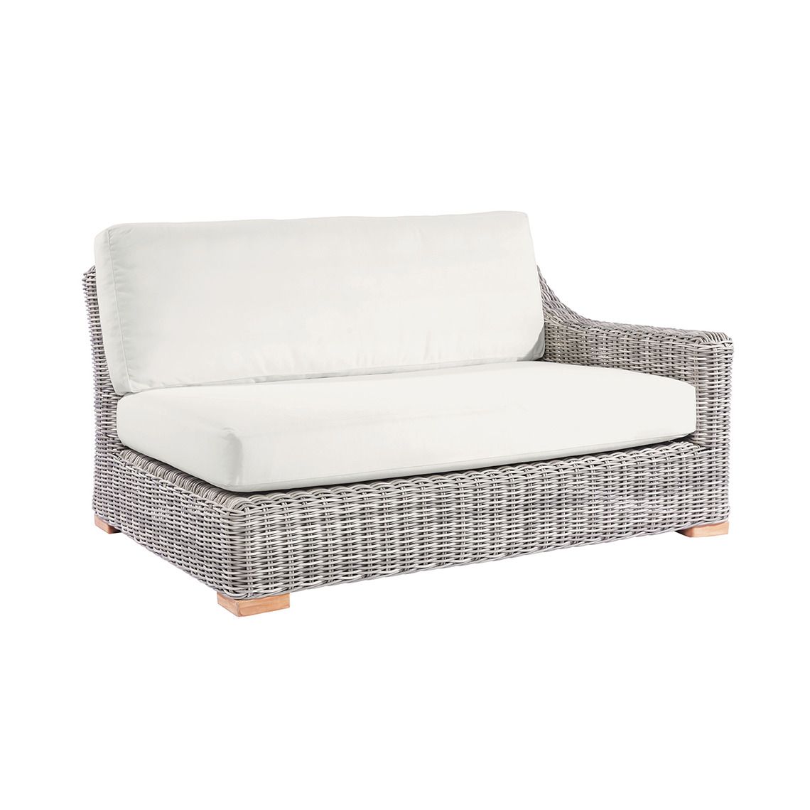 The Tortola Sectional Right Arm Settee in hand-woven all-weather wicker. Grand proportions with extra-deep cushions. By Kingsley Bate. Find a dealer near you.