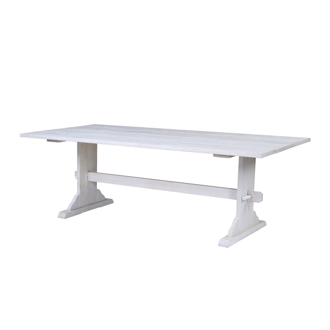 A substantial 92-inch outdoor dining table combining Scandinavian farm table aesthetics with Grade A teak durability. The hand-painted distressed finish adds character while the generous dimensions comfortably seat eight.