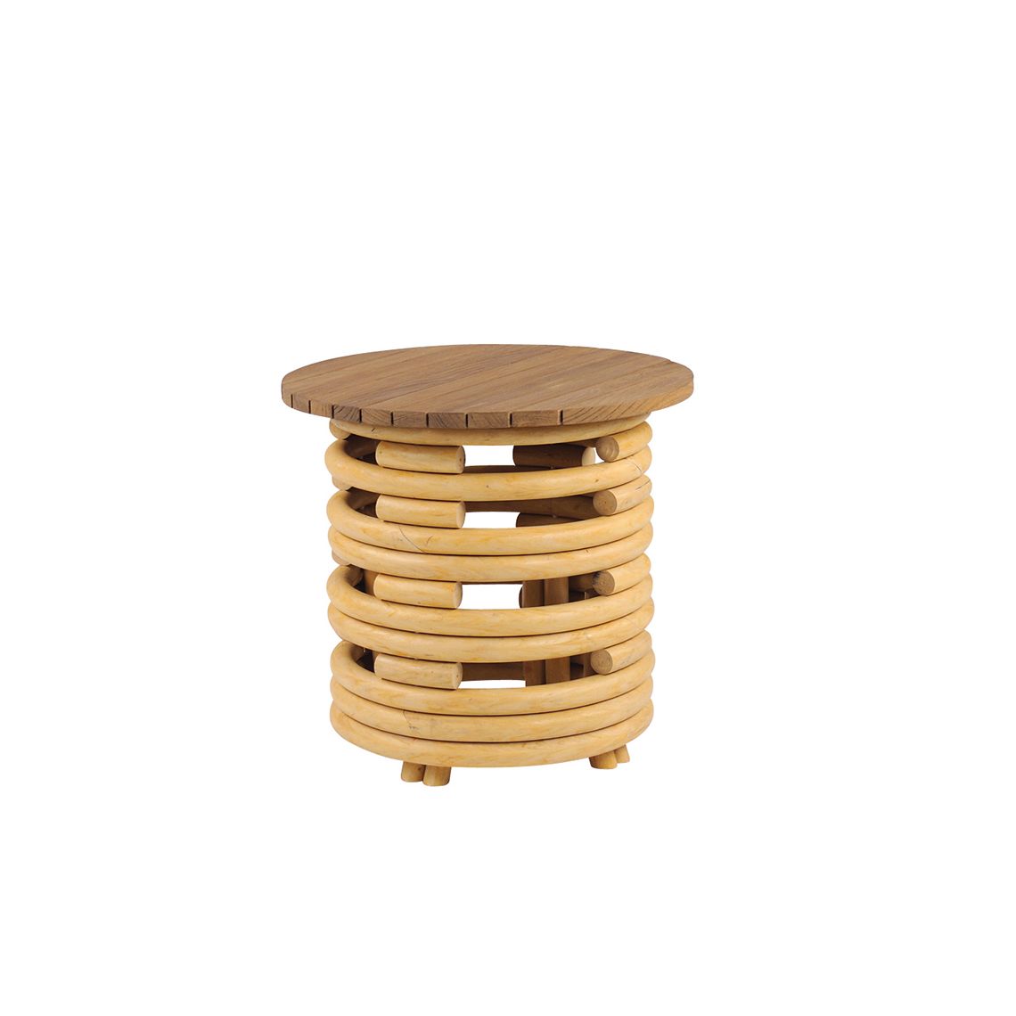 The Palm Springs Side Table combines vintage rattan-inspired design with modern outdoor durability. Powder-coated aluminum frame and distressed teak top withstand sun, rain, and salt air while delivering authentic mid-century style.