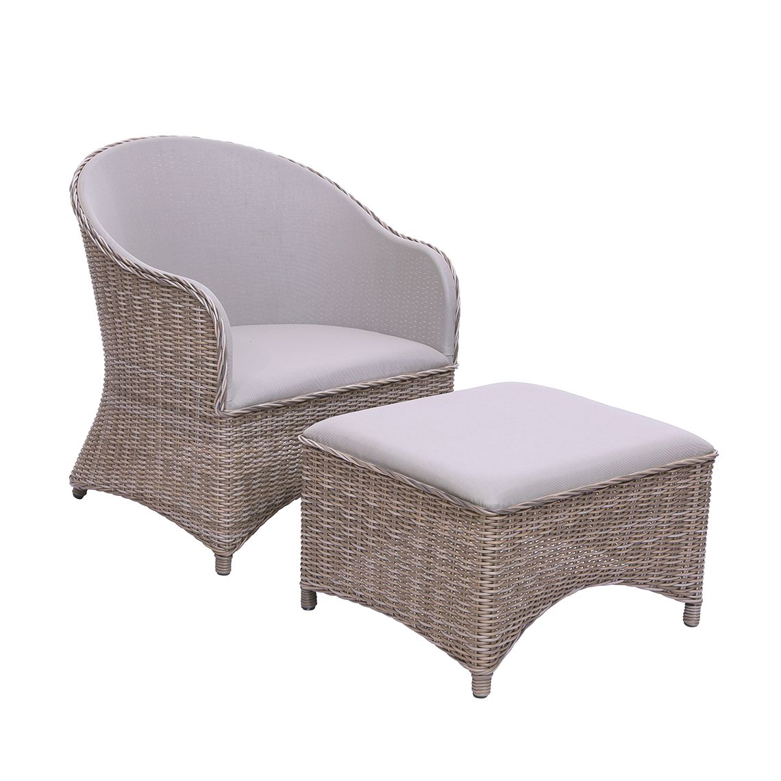 The Milano Club Ottoman combines hand-woven all-weather wicker with a contemporary upholstered sling seat. Its compact 25-inch width makes it ideal for smaller outdoor spaces while providing comfortable footrest or extra seating. - alternate view