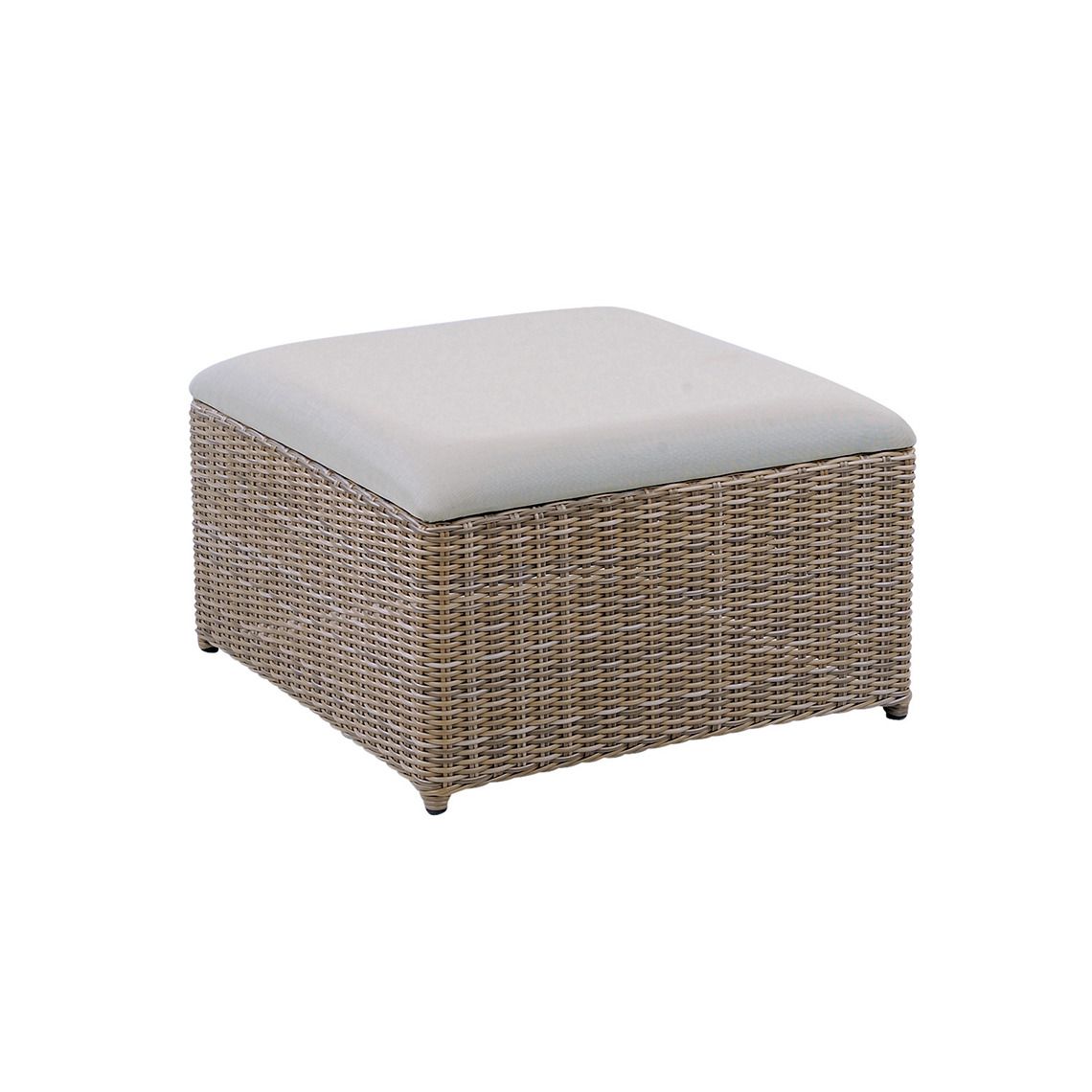 The Milano Sectional Ottoman combines hand-woven all-weather wicker with contemporary upholstered sling seating. Its compact 27-inch square footprint and modular design make it ideal for flexible outdoor seating arrangements.