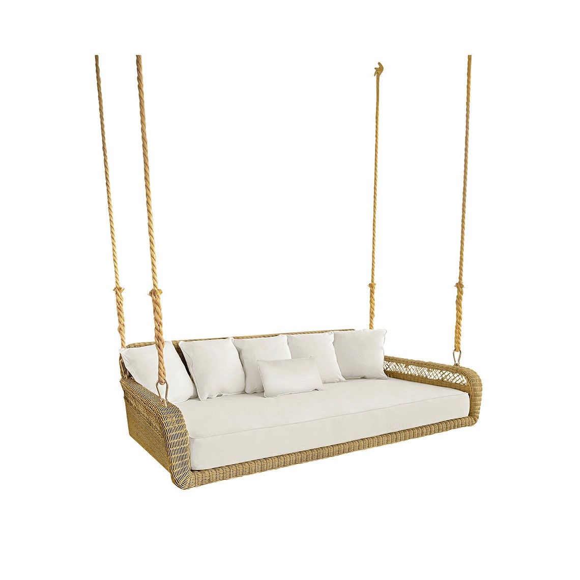 The Amelia Hanging Daybed transforms outdoor spaces into serene retreats with its hand-woven all-weather wicker construction. Designed to accommodate a standard twin mattress, it offers a unique suspended lounging experience.