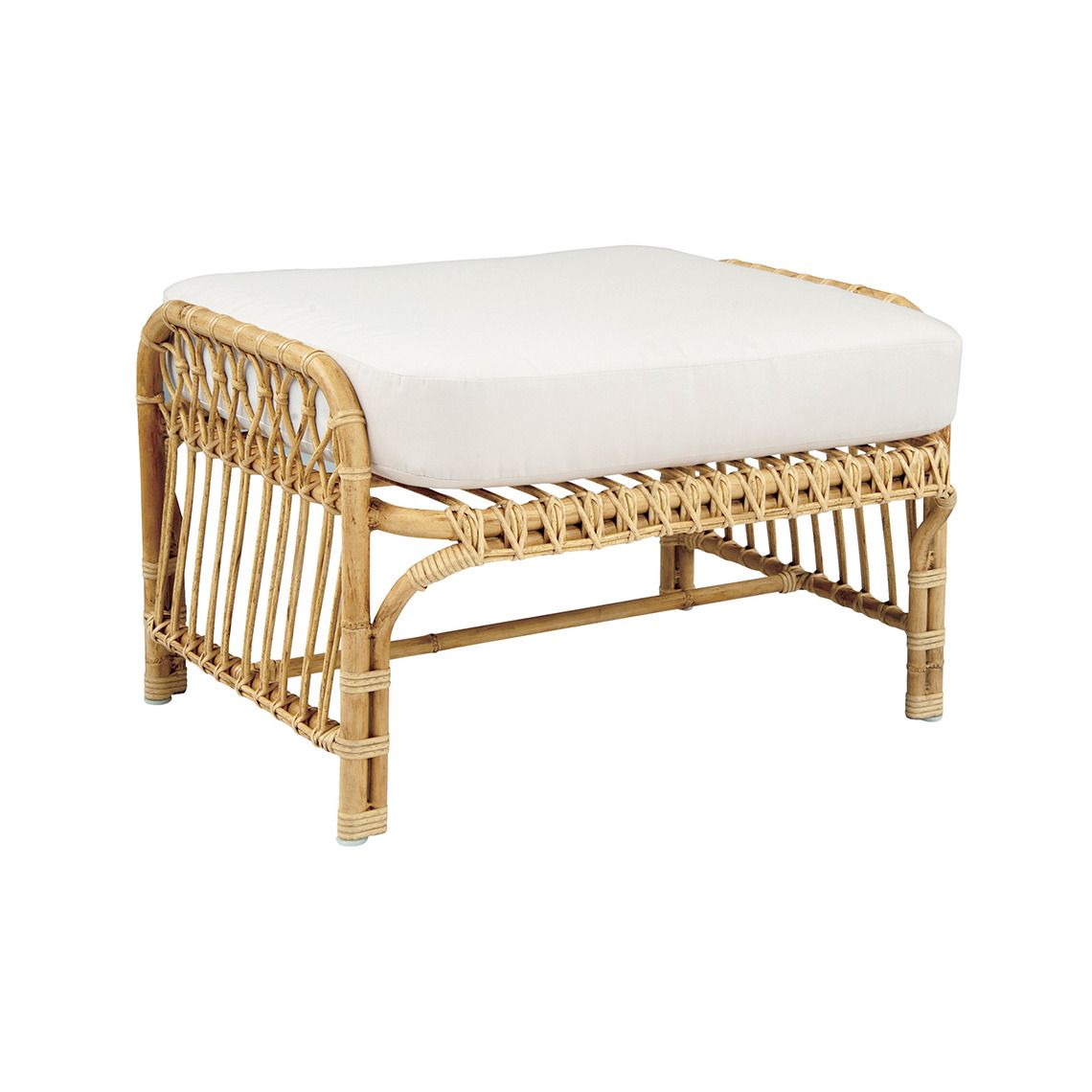 The Savannah Ottoman combines classic mid-century rattan aesthetics with modern all-weather wicker construction. Its hand-woven design over an aluminum frame delivers both elegance and durability for poolside and coastal environments.