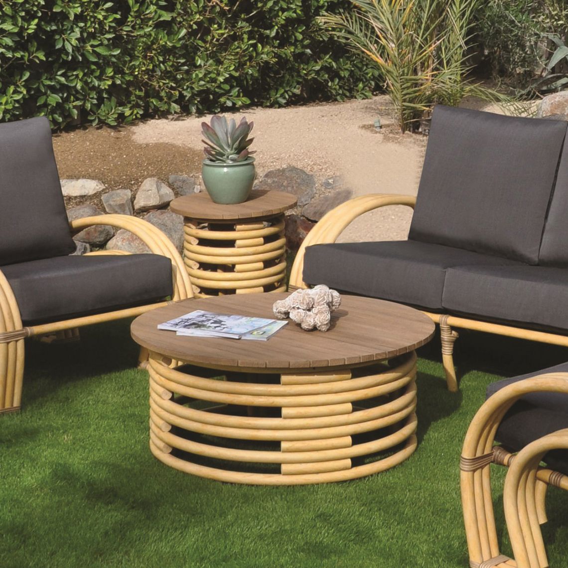 The Palm Springs Coffee Table combines nostalgic mid-century design with modern outdoor performance. Its distressed teak top and powder-coated aluminum frame deliver authentic vintage appeal while standing up to sun, rain, and salt air. - alternate view