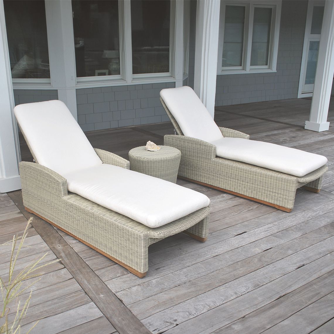 The Westport Chaise, crafted from hand-woven all-weather wicker. Features streamlined simplicity with solid teak bases. Find a dealer near you. - alternate view
