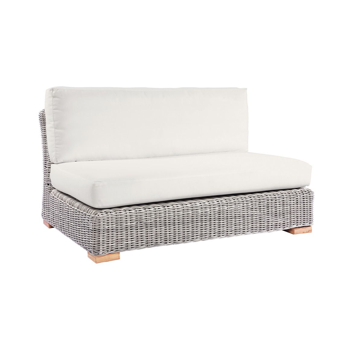 The Tortola Sectional Armless Settee in hand-woven all-weather wicker. Grand proportions with extra-deep cushions. By Kingsley Bate. Find a dealer near you.