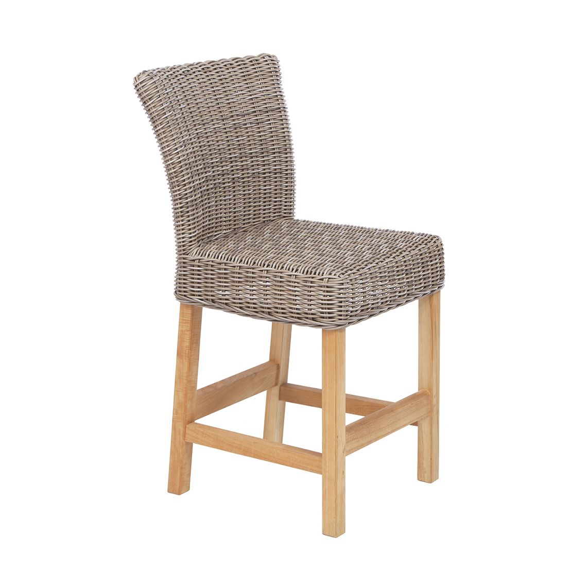 The Sag Harbor Counter Stool brings coastal elegance to outdoor and indoor spaces with its hand-woven all-weather wicker and teak legs. Built to withstand direct sun, rain, and salt air while maintaining style.