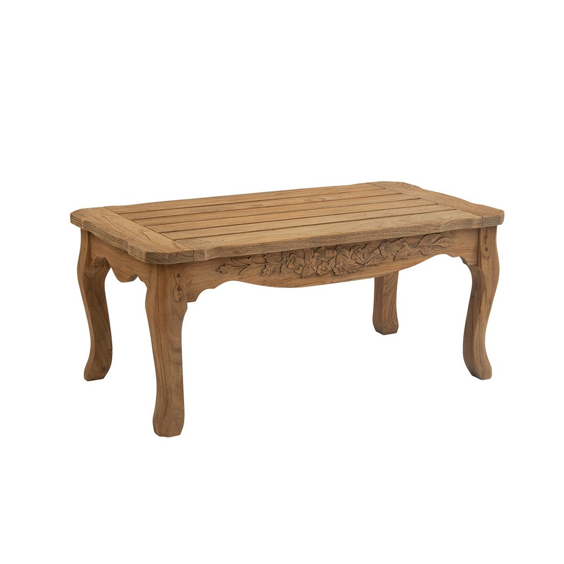 The Normandy Coffee Table showcases exceptional craftsmanship with hand-carved hummingbird and trumpet vine reliefs in weather-resistant distressed teak. Its compact 36-inch size fits intimate outdoor seating areas beautifully.