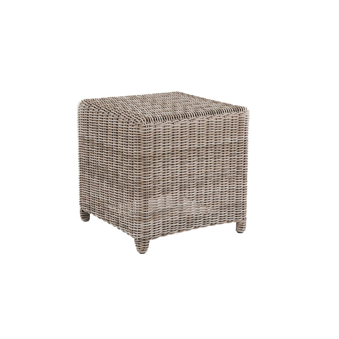 A dual-purpose outdoor piece featuring extra-large wicker weave in all-weather construction. Compact 19.5-inch cube design works as both side table and seating. Coastal aesthetic suits poolside and patio settings.