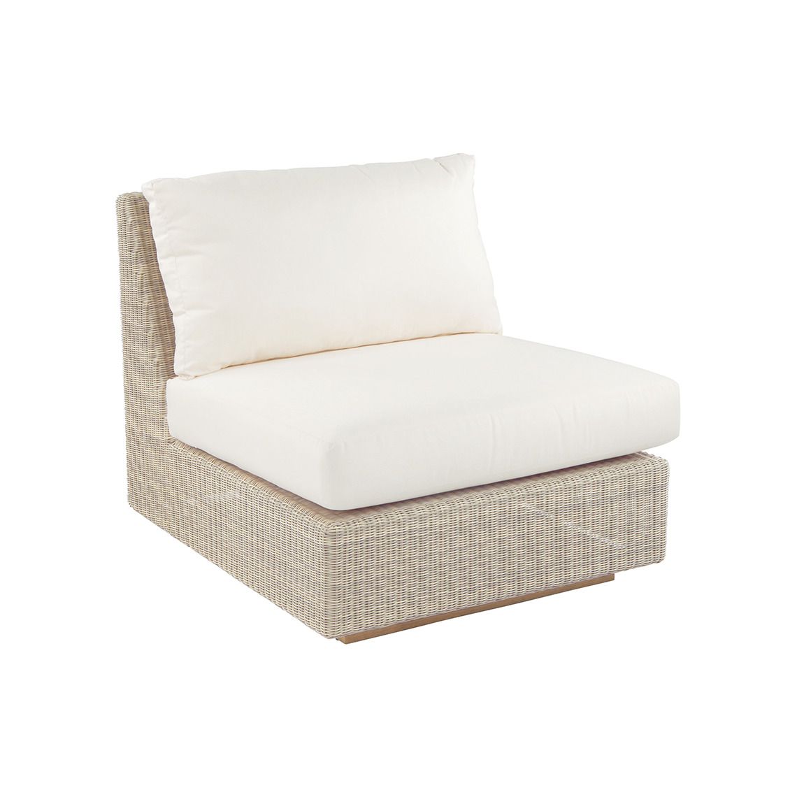 The Westport Sectional Armless Chair, crafted from hand-woven wicker. Features streamlined simplicity with solid teak bases. Find a dealer near you.