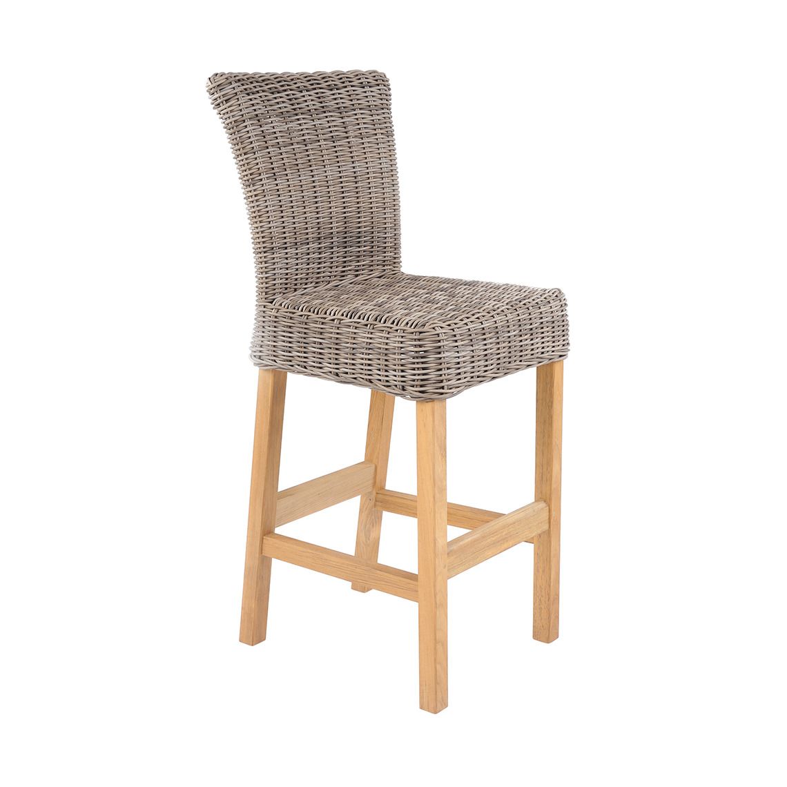 The Sag Harbor Bar Chair brings coastal elegance to outdoor dining with hand-woven all-weather wicker and teak legs. Its extra-large weave pattern creates visual interest while standing up to sun, rain, and salt air.
