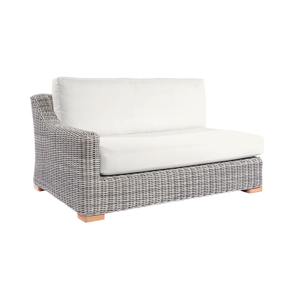 The Tortola Sectional Left Arm Settee in hand-woven all-weather wicker. Grand proportions with extra-deep cushions. By Kingsley Bate. Find a dealer near you.