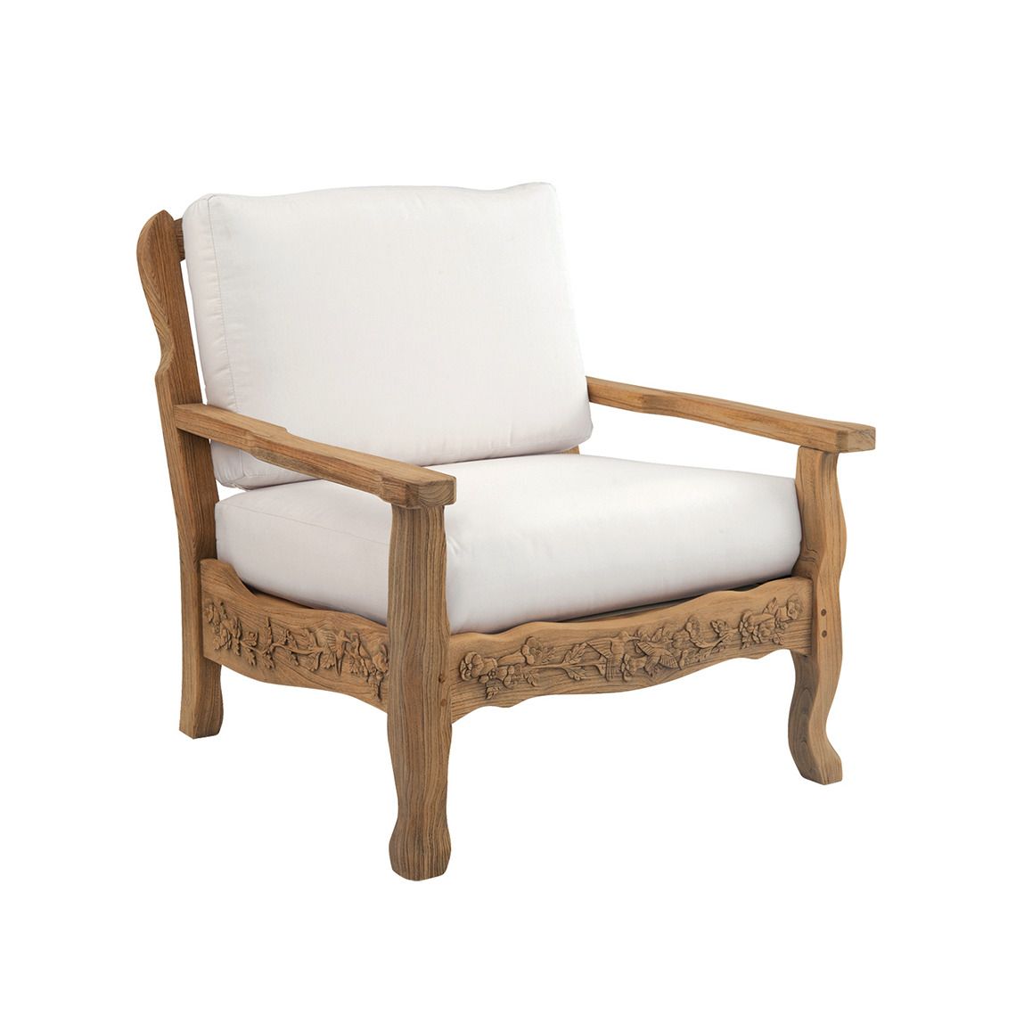 The Normandy Lounge Chair showcases exceptional craftsmanship with hand-carved hummingbird and trumpet vine reliefs in distressed teak. Built for all-weather durability including salt-air exposure, this statement piece combines traditional artistry with outdoor resilience.