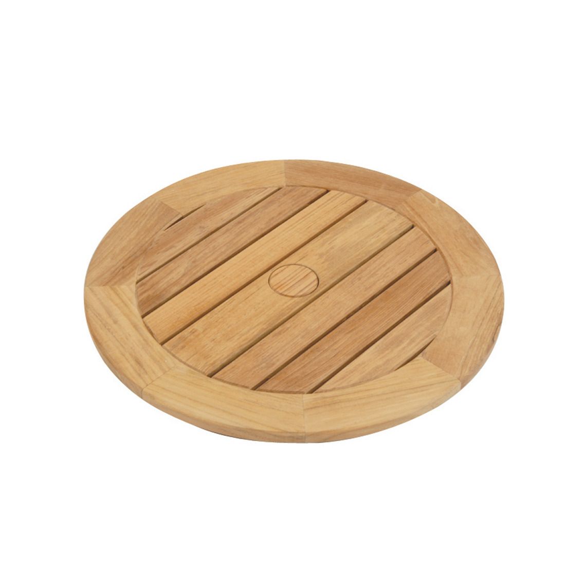 This 25-inch rotating lazy susan brings functional elegance to outdoor dining with Grade A teak construction and weather-resistant aluminum hardware. The integrated umbrella hole adds versatility for shaded dining.