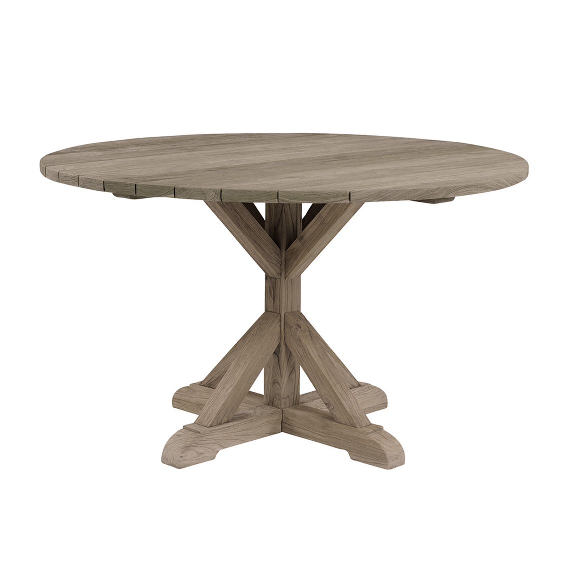 This 50-inch round dining table brings old-world European elegance to outdoor spaces with its distressed teak construction. Built to withstand diverse climates including salt air, rain, and snow while seating four guests comfortably. - alternate view