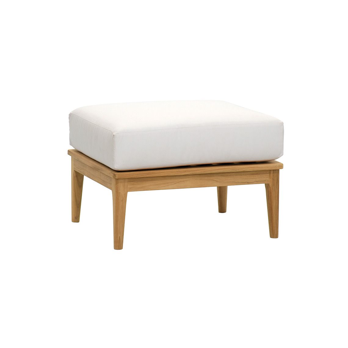 The Lucia Ottoman combines Grade A teak construction with weather-resistant design, making it ideal for poolside and coastal environments. Its compact 25-inch width fits easily into various outdoor seating arrangements.